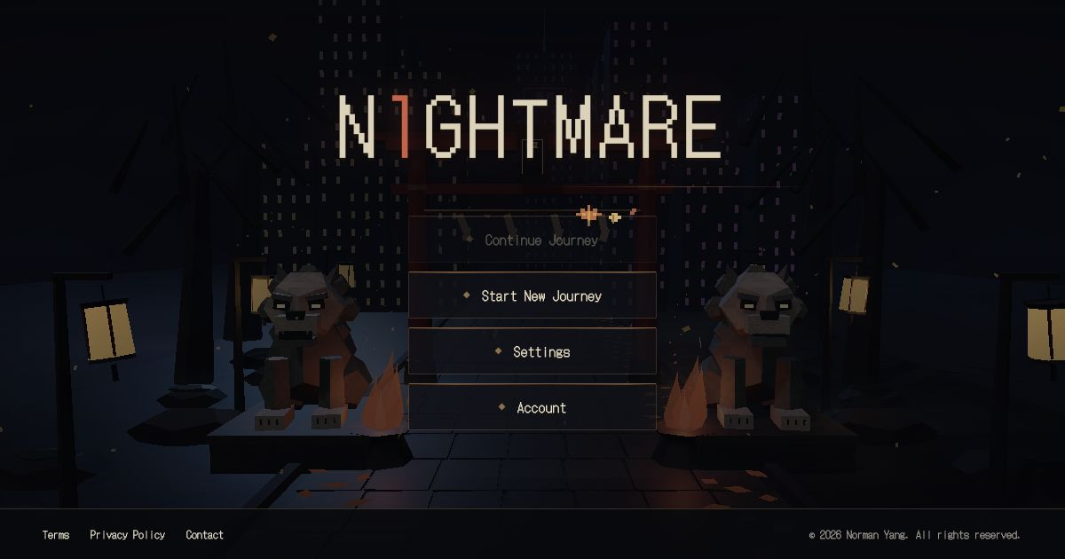 N1GHTMARE title menu framed by a shrine gate, lanterns, and stone guardians.